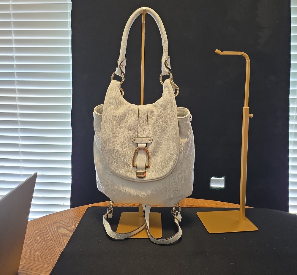 G.I.L.I. White Pebbled Leather Backpack Shoulder Bag with Gold Buckle